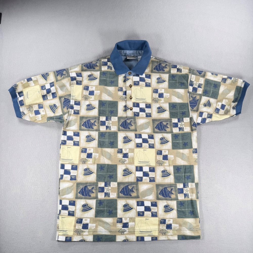 Vintage Bugle Boy Mens Nautical Patchwork Polo Shirt Blue Tan Fish Sailboat M